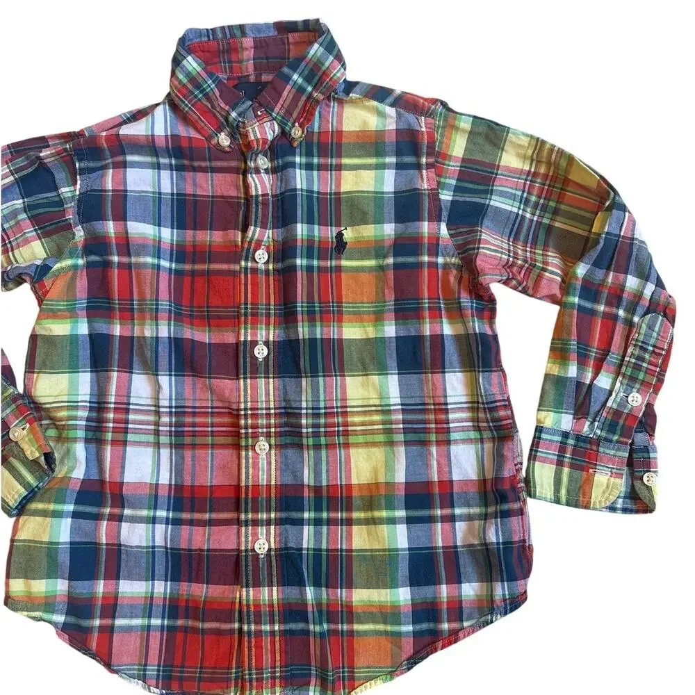 Ralph Lauren red blue checkered long sleeve boys button up‎ dress shirt SIZE 4